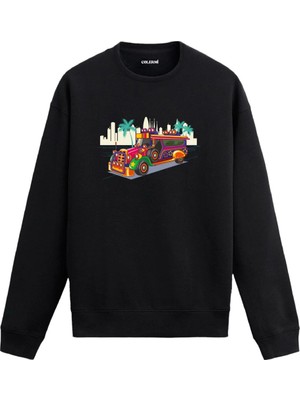 Colermi Renkli Tropikal Kamyon Baskılı Sweatshirt