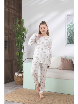Asel Çocuk Ayıcık Desen Likralı Soft Interlok Kumaş Uzun Kollu Pijama Takımı