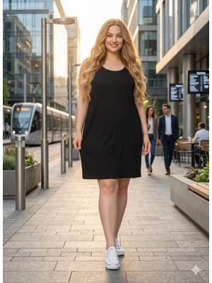 Asel Kadın Büyük Beden Siyah Renk Tank Elbise Günlük Stil Kolsuz Bodycon Model