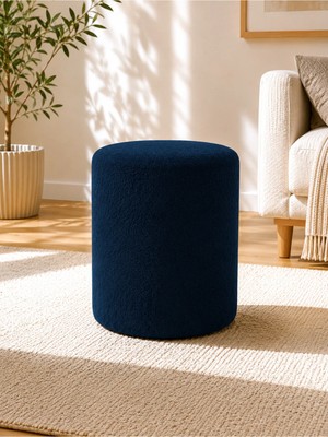 Azra Mobilya Mavi Welsoft Kumaş Puf 40X50 cm Yuvarlak Puf Dekoratif Oturma Pufu Yumuşak Dokulu Modern Puf