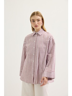 Kadriye Baştürk Çizgili Oversize Keten Gömlek Bordo