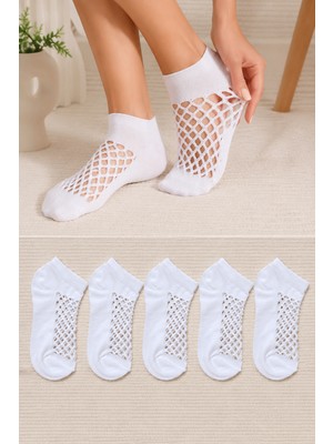 Hitit Socks Kadın 5 Çift Beyaz Premium Kalite File Tasarım Bilek Çorabı Nefes Alan Yapı