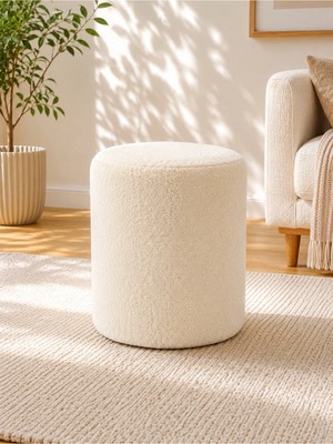 Azra Mobilya Krem Welsoft Kumaş Puf 40X50 cm Yuvarlak Puf Dekoratif Oturma Pufu Yumuşak Dokulu Modern Puf