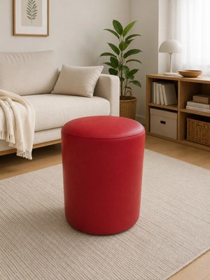 Azra Mobilya Kırmızı Deri Puf 40X50 cm Silindir Tasarım Dekoratif Oturma Pufu Salon Yatak Odası Antre