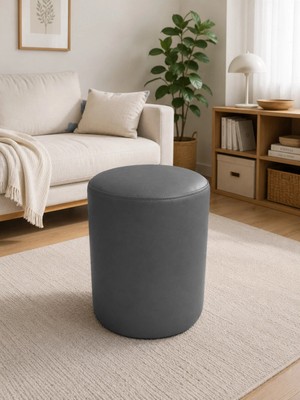 Azra Mobilya Gri Deri Puf 40X50 cm Silindir Tasarım Dekoratif Oturma Pufu Salon Yatak Odası Antre