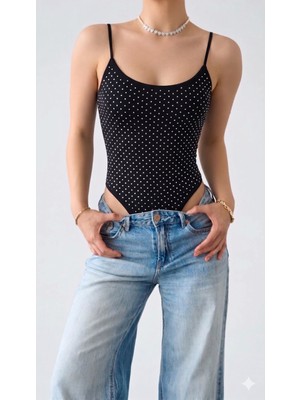 Sibel Günay Butik Siyah Taş Detaylı Likralı Kadın Bodysuit | Ayarlanabilir Ince Askılı