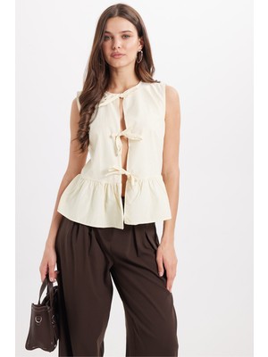 Tudors Kadın Slim Fit Dar Kesim Önden Bağlamalı Pamuklu Çizgili Sarı Bluz Gömlek