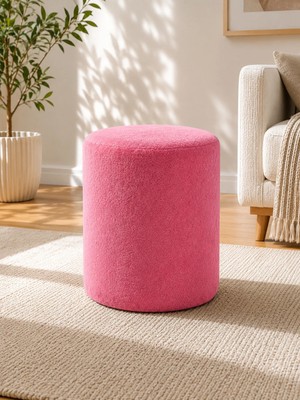 Azra Mobilya Pembe Welsoft Kumaş Puf 40X50 cm Yuvarlak Puf Dekoratif Oturma Pufu Yumuşak Dokulu Modern Puf