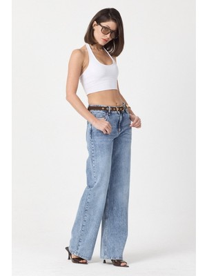 Whatsup Kemerli Düşük Bel Geniş Paça Jean Pantolon  - Mavi Mavi - 28