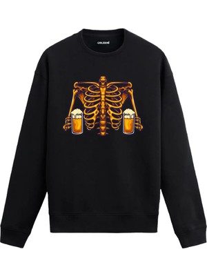 Colermi Iskelet Figürlü Bira Baskılı Unisex Sweatshirt
