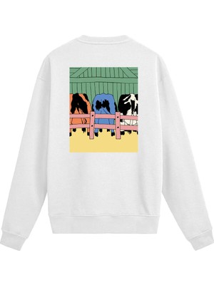 Colermi Sırt Baskılı Renkli Karikatür Inek Tasarımlı Sweatshirt