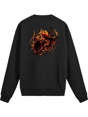 Colermi Sırt Baskılı Death Metal Alevli Kurukafa Sweatshirt