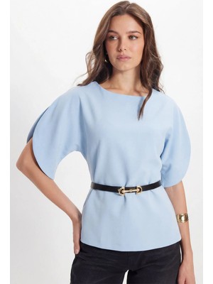 Tudors Kadın Slim Fit Dar Kesim Kol Detaylı Ince Kemerli Fermuarlı Mavi Bluz