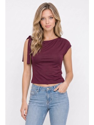 Tudors Kadın Slim Fit Dar Kesim Kısa Kollu Kayık Yaka Bordo Bluz