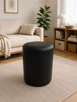 Azra Mobilya Siyah Deri Puf 40X50 cm Silindir Tasarım Dekoratif Oturma Pufu Salon Yatak Odası Antre
