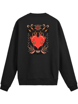 Colermi Sırt Baskılı Alevli Kalp ve Kırlangıç Tasarımlı Sweatshirt