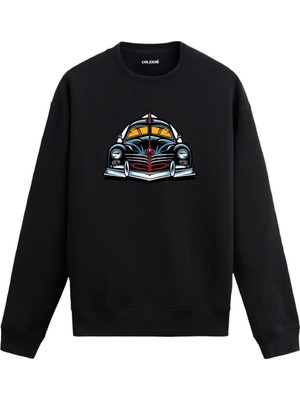Colermi Ön Görünümlü Klasik Araba Baskılı Sweatshirt