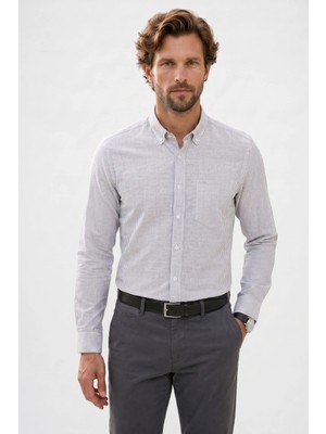 Tudors Erkek Slim Fit Dar Kesim %100 Pamuk Düğmeli Yaka Çizgili Uzun Kollu Cepli Keten Efektli Haki Gömlek