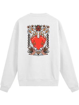 Colermi Sırt Baskılı Alevli Kalp ve Kırlangıç Tasarımlı Sweatshirt