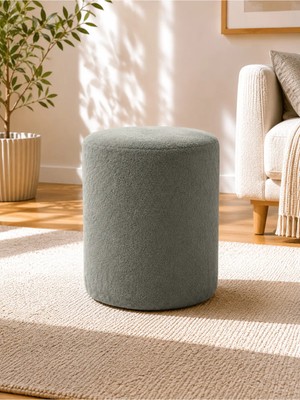 Azra Mobilya Taş Gri Welsoft Kumaş Puf 40X50 cm Yuvarlak Puf Dekoratif Oturma Pufu Yumuşak Dokulu Modern Puf