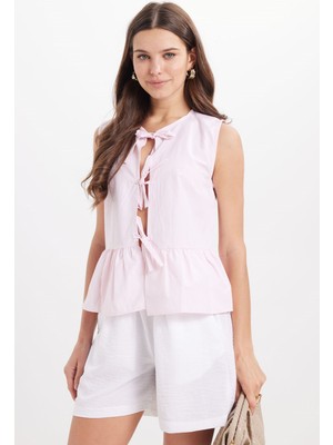 Tudors Kadın Slim Fit Dar Kesim Önden Bağlamalı Pamuklu Çizgili Pembe Bluz Gömlek
