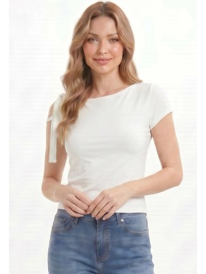 Tudors Kadın Slim Fit Dar Kesim Kısa Kollu Kayık Yaka Ekru Bluz