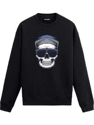 Colermi Şapkalı Gözlüklü Iskelet Baskılı Sweatshirt