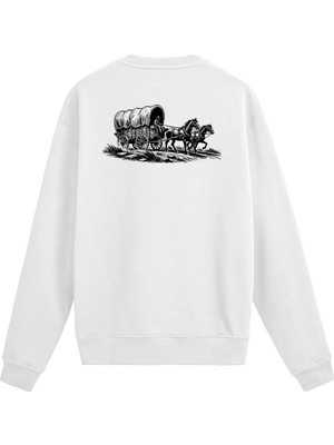 Colermi Sırt Baskılı Vahşi Batı At Arabası Tasarımlı Sweatshirt