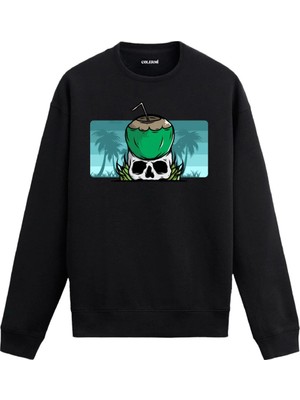 Colermi Kurukafa Baskılı Sweatshirt Tropikal Hindistan Cevizi Tasarım