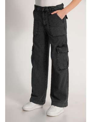 Dmb Kız Çocuk Cepli Cargo Kot Pantolon - Siyah Denim PANTOLON-04055