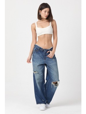 Whatsup Çift Renk Detaylı Yırtık Geniş Paça Jean Pantolon  - Mavi Mavi - 28