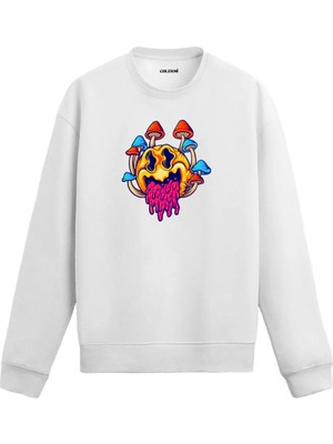Colermi Renkli Mantarlar ve Eriyen Yüz Tasarımlı Sweatshirt