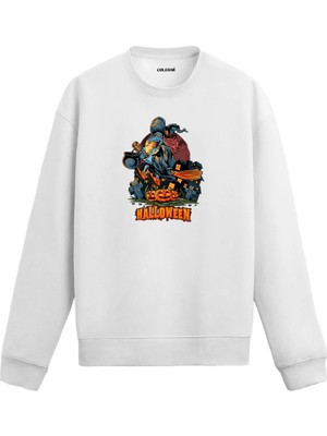 Colermi Süpürgeli Cadı ve Kabak Tasarımlı Cadılar Bayramı Sweatshirt