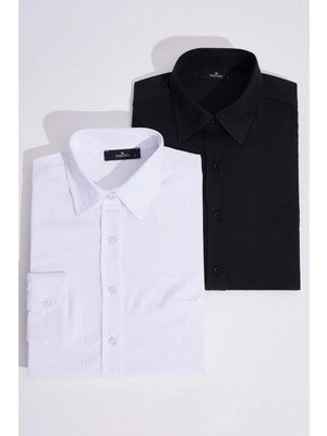 Tudors Kadın 2'li Paket Siyah-Beyaz Slim Fit Dar Kesim Uzun Kollu Pamuklu Vücuda Oturan Dokulu Basic Gömlek