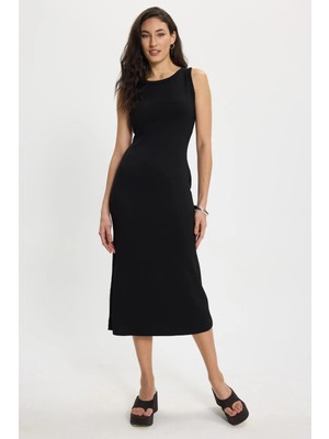 Tudors Kadın Slim Fit Dar Kesim Pamuklu Sıfır Kol Bisiklet Yaka Siyah Elbise