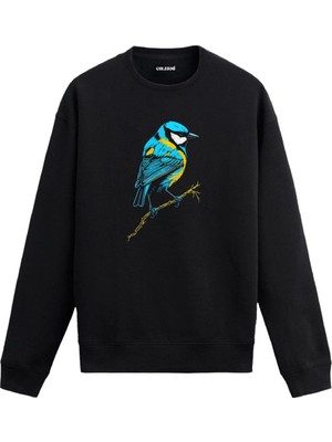 Colermi Çizgisel Kuş Baskılı Sweatshirt