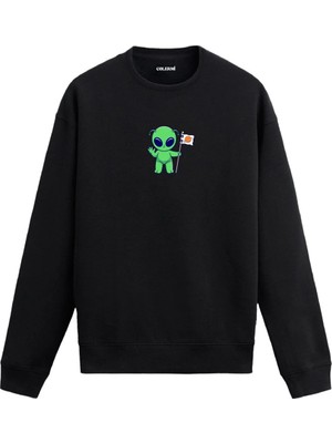 Colermi Bayrak Tutan Uzaylı Baskılı Sweatshirt