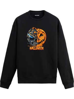 Colermi Yarım Balkabağı ve Kurukafa Tasarımlı Halloween Sweatshirt