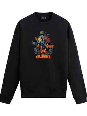 Colermi Süpürgeli Cadı ve Kabak Tasarımlı Cadılar Bayramı Sweatshirt