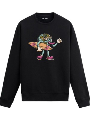 Colermi Sörf Tahtalı Dünya Karakterli Baskılı Unisex Sweatshirt