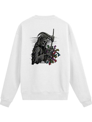 Colermi Sırt Baskılı Death Metal Çiçekli Iskelet Sweatshirt