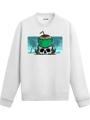 Colermi Kurukafa Baskılı Sweatshirt Tropikal Hindistan Cevizi Tasarım