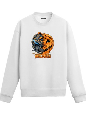 Colermi Yarım Balkabağı ve Kurukafa Tasarımlı Halloween Sweatshirt
