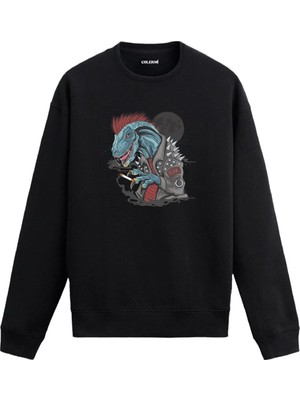Colermi Punk Dinozor Baskılı Asi Sweatshirt