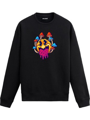 Colermi Renkli Mantarlar ve Eriyen Yüz Tasarımlı Sweatshirt