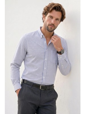 Tudors Erkek Slim Fit Dar Kesim %100 Pamuk Düğmeli Yaka Çizgili Uzun Kollu Cepli Keten Lacivert Gömlek