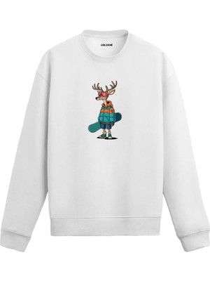 Colermi Snowboard Tahtalı Geyik Baskılı Sweatshirt