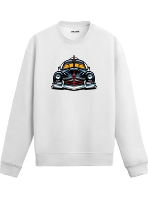 Colermi Ön Görünümlü Klasik Araba Baskılı Sweatshirt