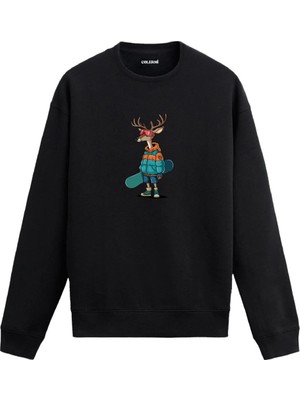 Colermi Snowboard Tahtalı Geyik Baskılı Sweatshirt