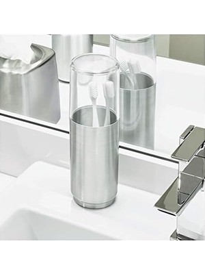 Defne Store Austin Diş Fırçası Tutucu, Metal ve Plastik, Kapaklı Diş Fırçası Standı, Şeffaf/mat Gümüş Rengi